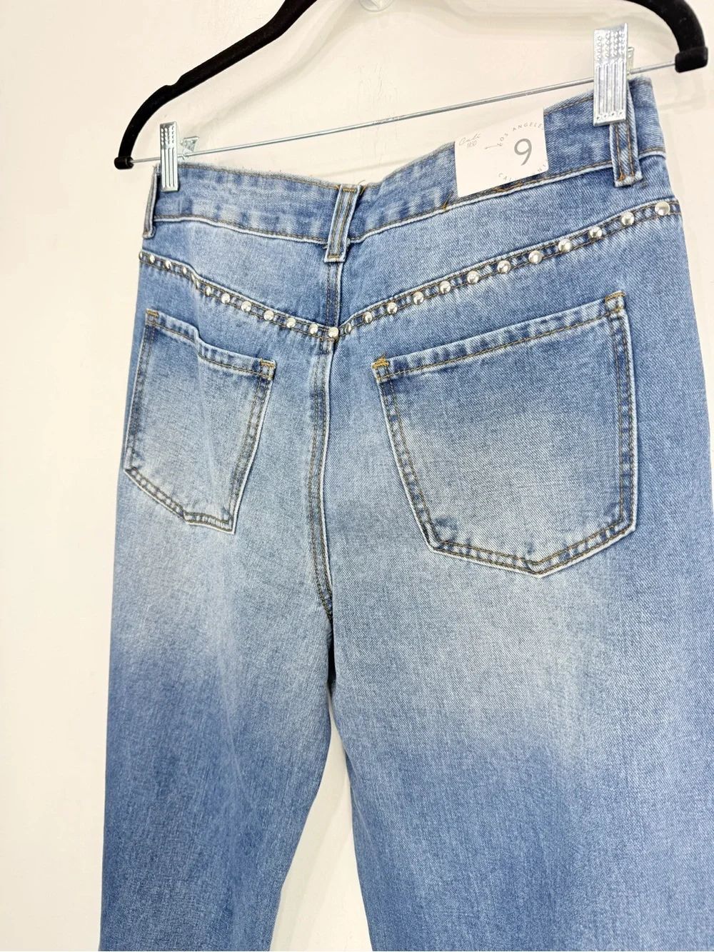 Cali 1850 Blue Medium Wash Silver Studded Wide Leg High Rise Denim Jeans NEW - Picture 9 of 16